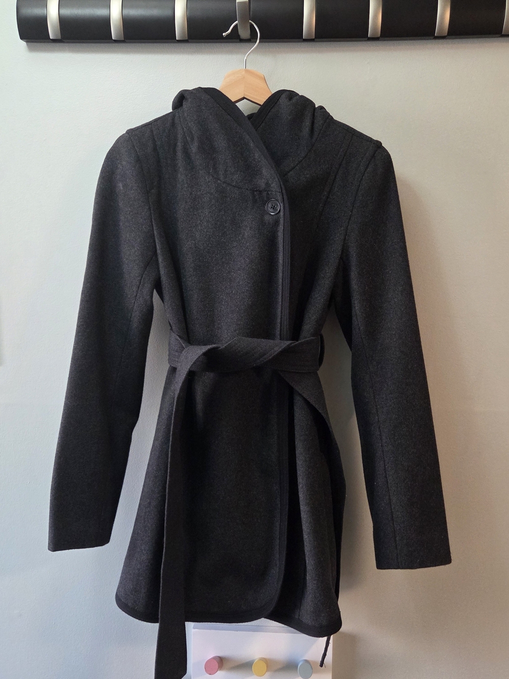 Thyme Maternity Women's Hooded Belted Wool Trench Coat - Charcoal, Size XS
